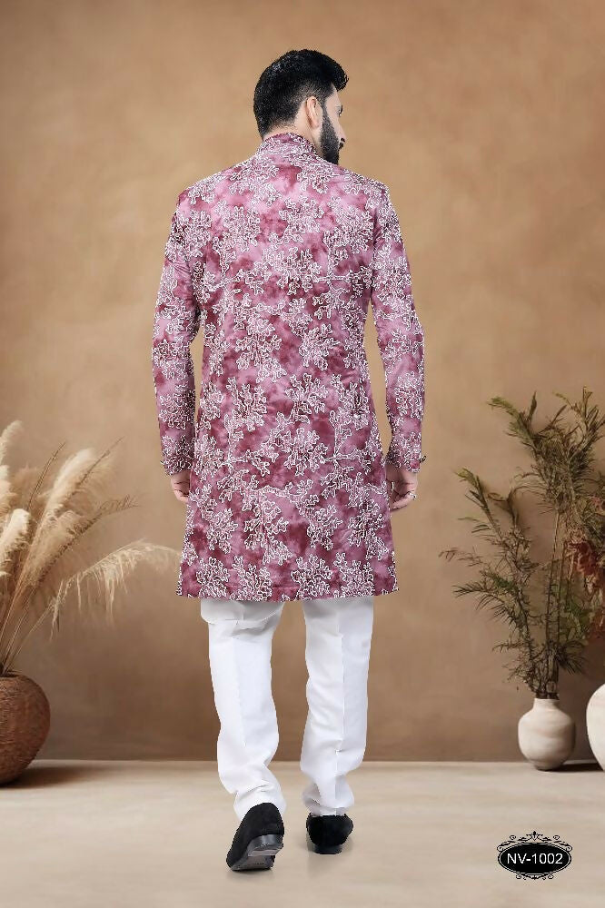 Joban Fashion Men's Pink Straight Swed Velvet Thread & Sequence Embroidery All Over Indo-Western Kurta Set - Distacart
