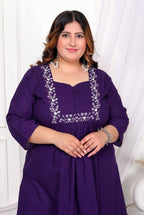 Miravan Women's Plus Size Purple Embroidered Sweetheart Neck & Accordion Pleated Solid A-Line Kurta And Palazzo Set