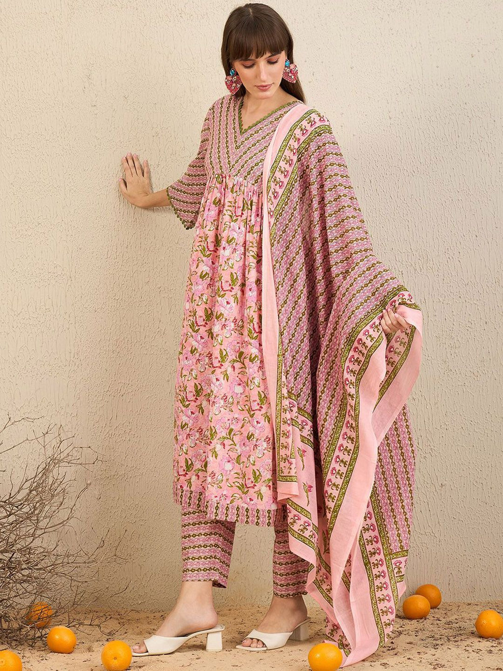 Indo Era Floral Printed Empire Pure Cotton A-Line Kurta With Trousers & Dupatta - Distacart