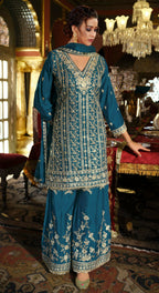 Anaita Teal Blue Chinon Stitched Suit with Embroidery Codding Sequence Work - Distacart