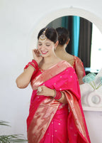 Pink Woven Jacquard Designer Embroidery Work Party Wear Saree - Parampara