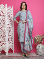 Jyoti Fashion Women's Grey Muslin Floral Print with Jari & Crystal work Kurta with Trouser & Dupatta
