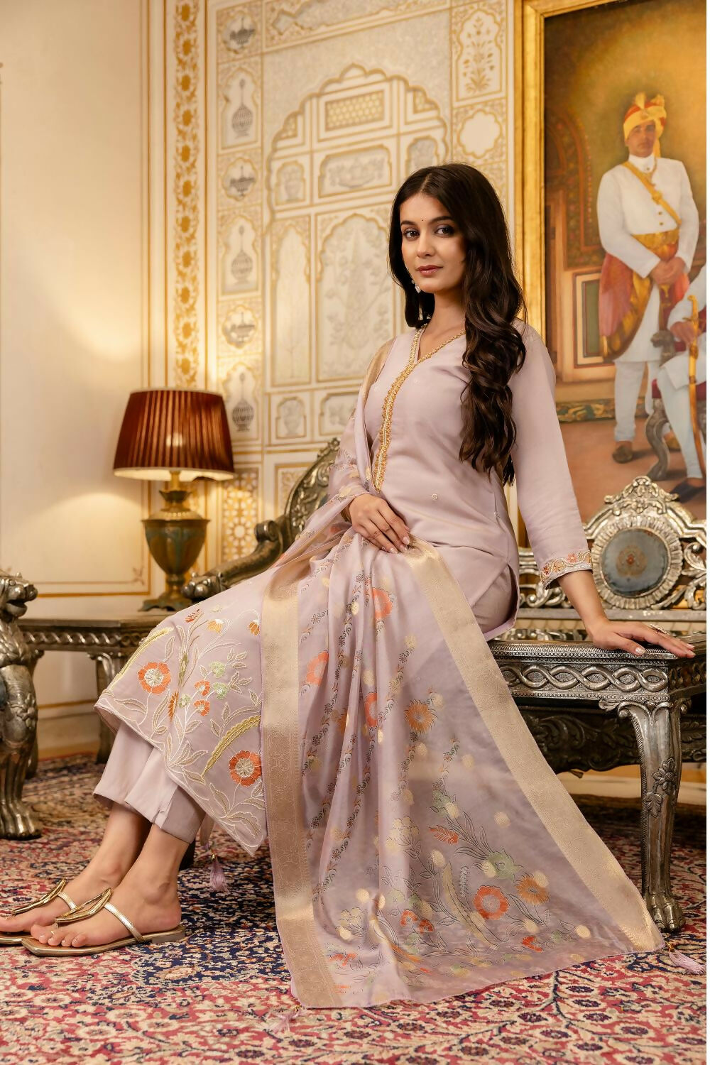 The52 Lavender Women's Beautiful Viscose Shimmer Fabric Embroidered Work Straight Kurta Pant and Dupatta Set - Distacart