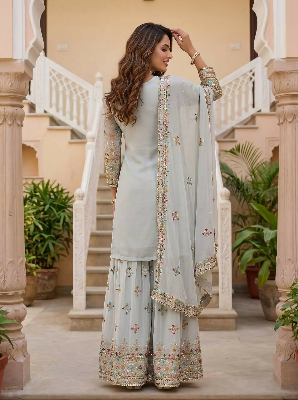 Teeya Creation Grey Faux Georgette Multi Thread Work Wedding Wear Sharara Set