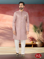 Joban Fashion Men's Pink Straight Imported Tr Self-Design In Fabric Indo-Western Kurta Set