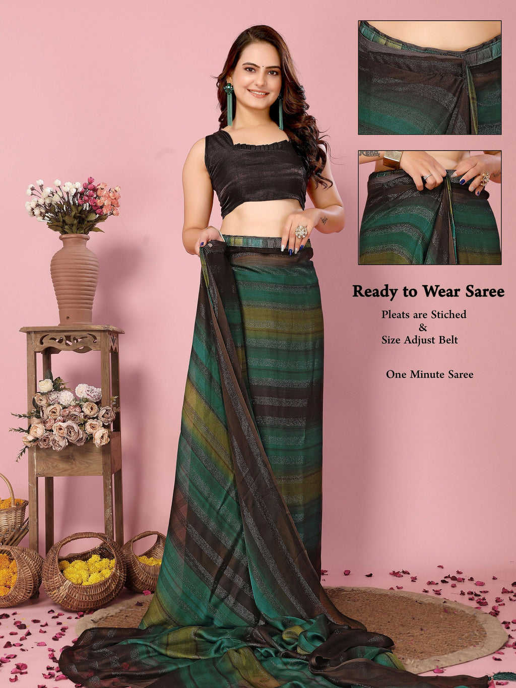 Attractive These Party Wear Ready To Wear Saree - Green