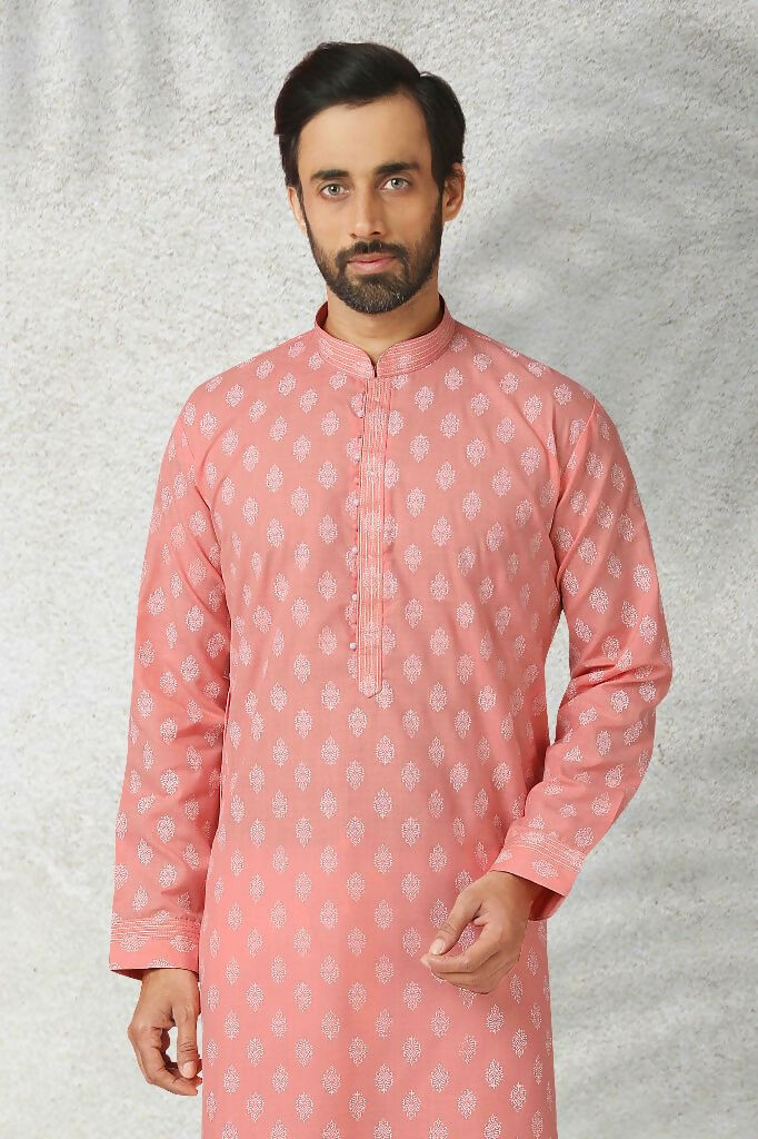 Raivat Ethnic Cotton Printed Work Kurta Pajama In Pink Colour