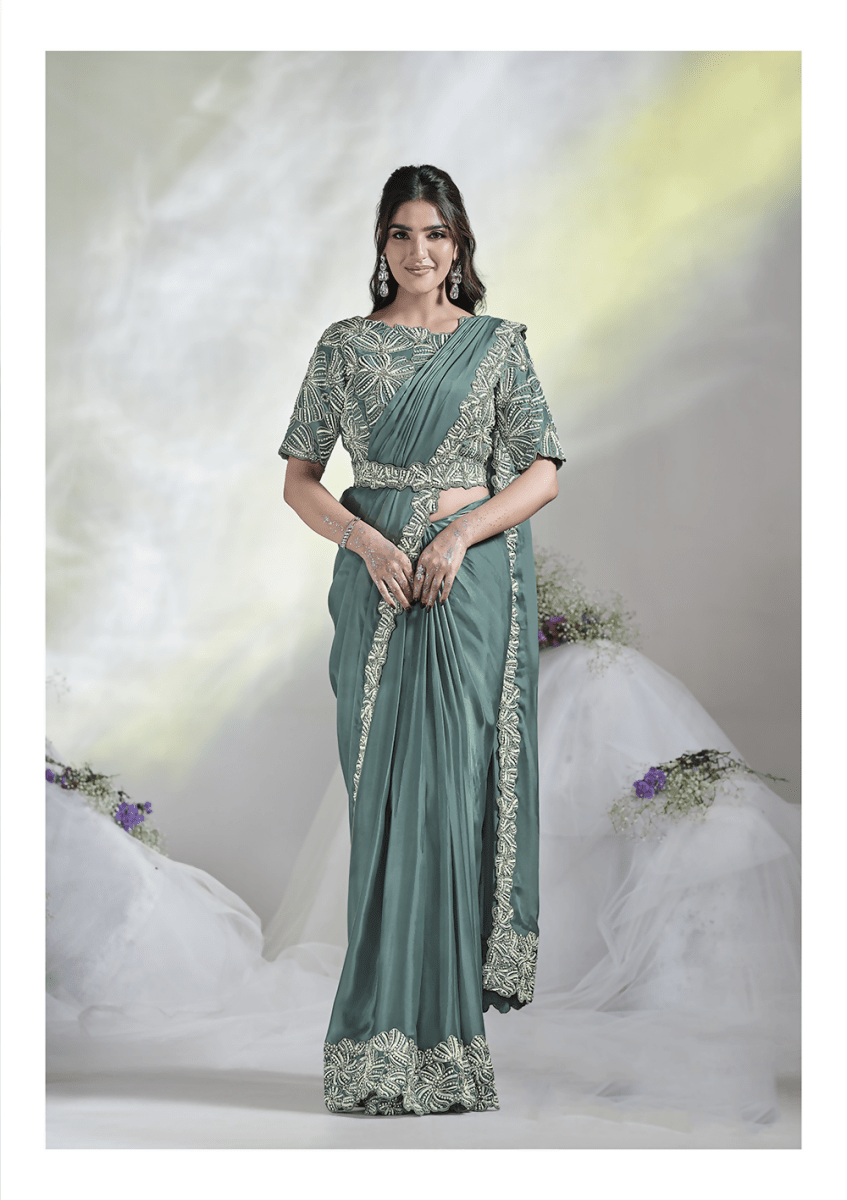 Aqua Blue Crepe Satin Silk Designer Ready to wear saree with stithced Blouse - Mohmanthan Aura