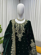 Vastranavya Green Viscose Velvet Cording Sequence With Moti Work Top-Bottom With Dupatta - Distacart