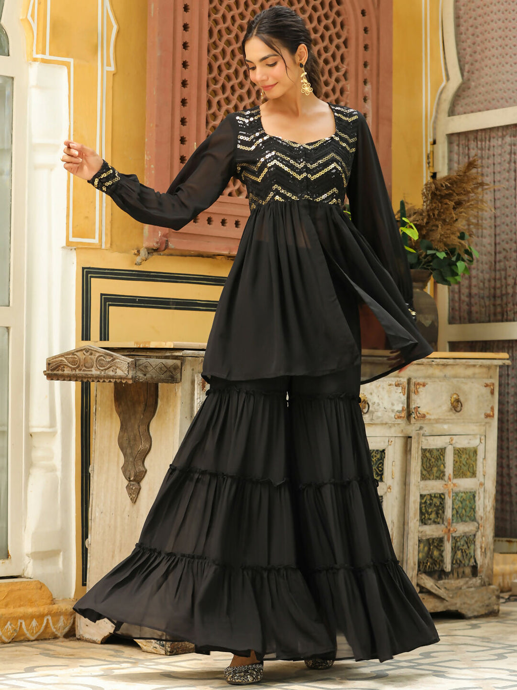 Janasya Black Georgette Sequined Tunic & Bottom