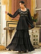 Janasya Black Georgette Sequined Tunic & Bottom