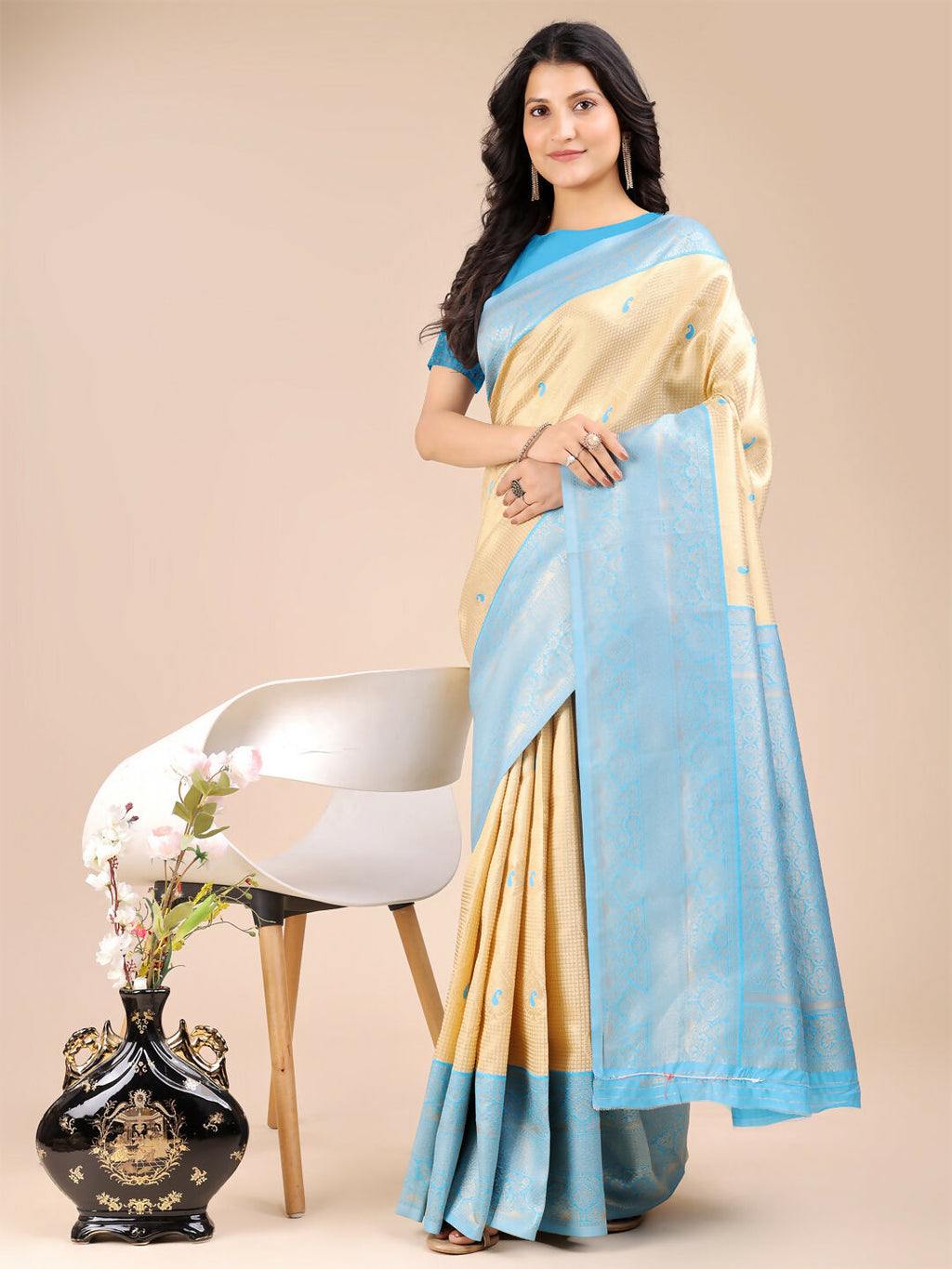 Shree Shyam Fashion Aura Silk Cream Sky Blue Banarasi Silk Saree
