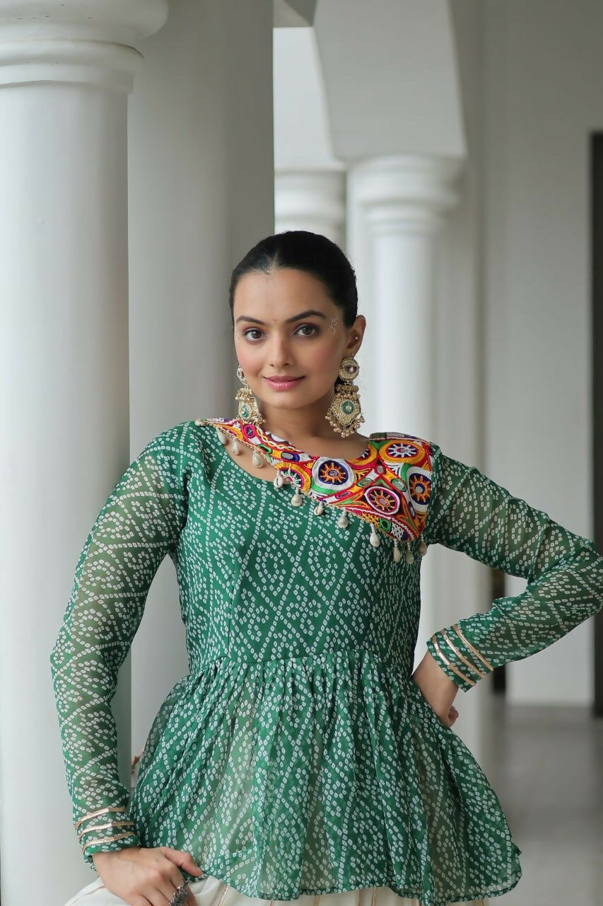 Teeya Creation Green And White Colour Cotton Printed Navratri Lehenga Choli