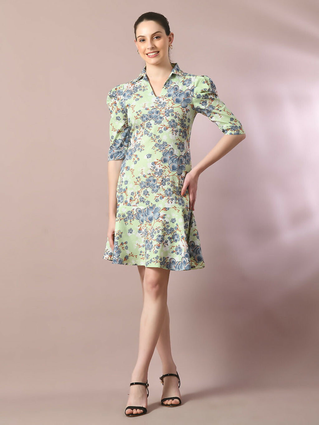 Myshka Women's Green Printed Shirt Collar Fit and Flare Party Dress - Distacart