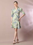 Myshka Women's Green Printed Shirt Collar Fit and Flare Party Dress - Distacart