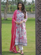 The52 Women's Beautiful Rayon Fabric Printed Work Flared Kurta Pant and Dupatta Set - Distacart