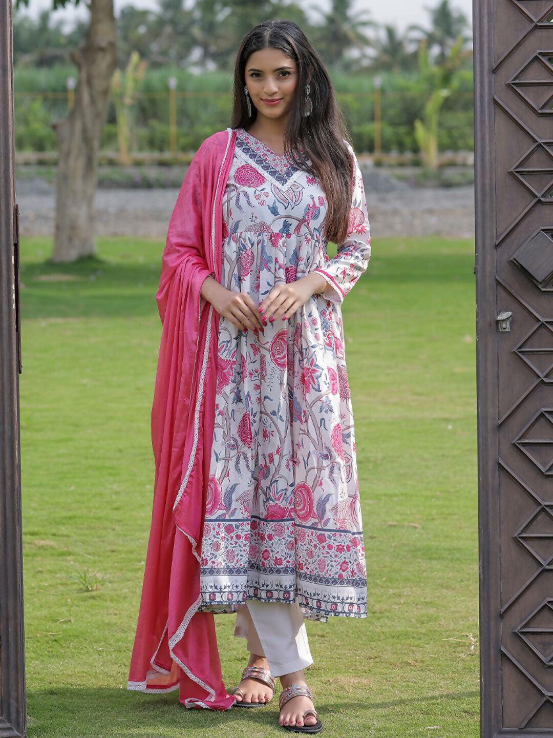 The52 Women's Beautiful Rayon Fabric Printed Work Flared Kurta Pant and Dupatta Set - Distacart