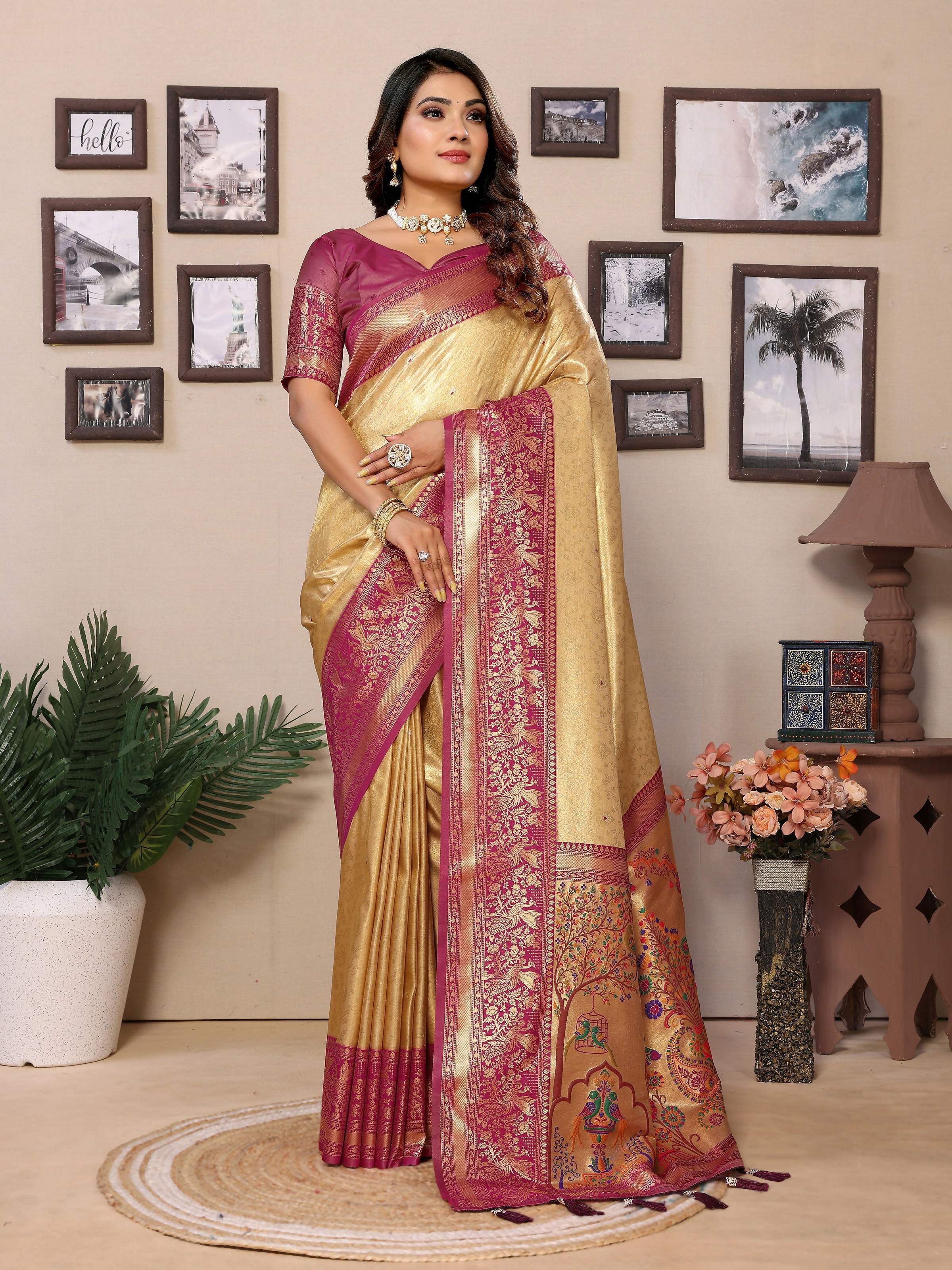 Aastha Fashion Cream Tissue Silk Weaving Saree - Distacart