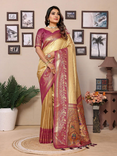 Aastha Fashion Cream Tissue Silk Weaving Saree