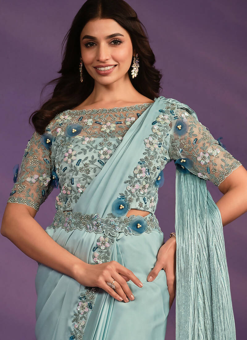 Sea Green Crepe Satin Silk Embroidered Saree With Stitched Blouse - Mohmanthan Exotica