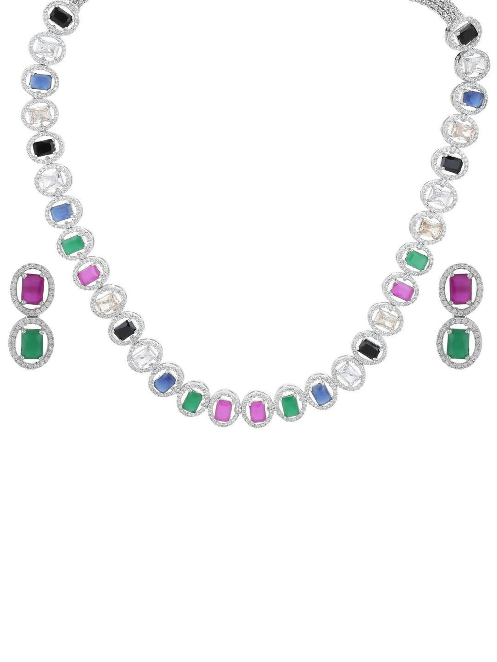 Diamond & Semi Precious Stone Neckpiece with Small Earrings- Ruby Raang