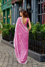 Vastranavya Baby Pink Embroidery Work Shimmer Chiffon Saree with Unstitched Blouse - Distacart