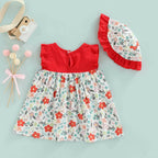 Bold N Elegant Cotton Floral Printed Ruffle Sleeve Princess Dress Frock With Fabric Hat Cap - Red