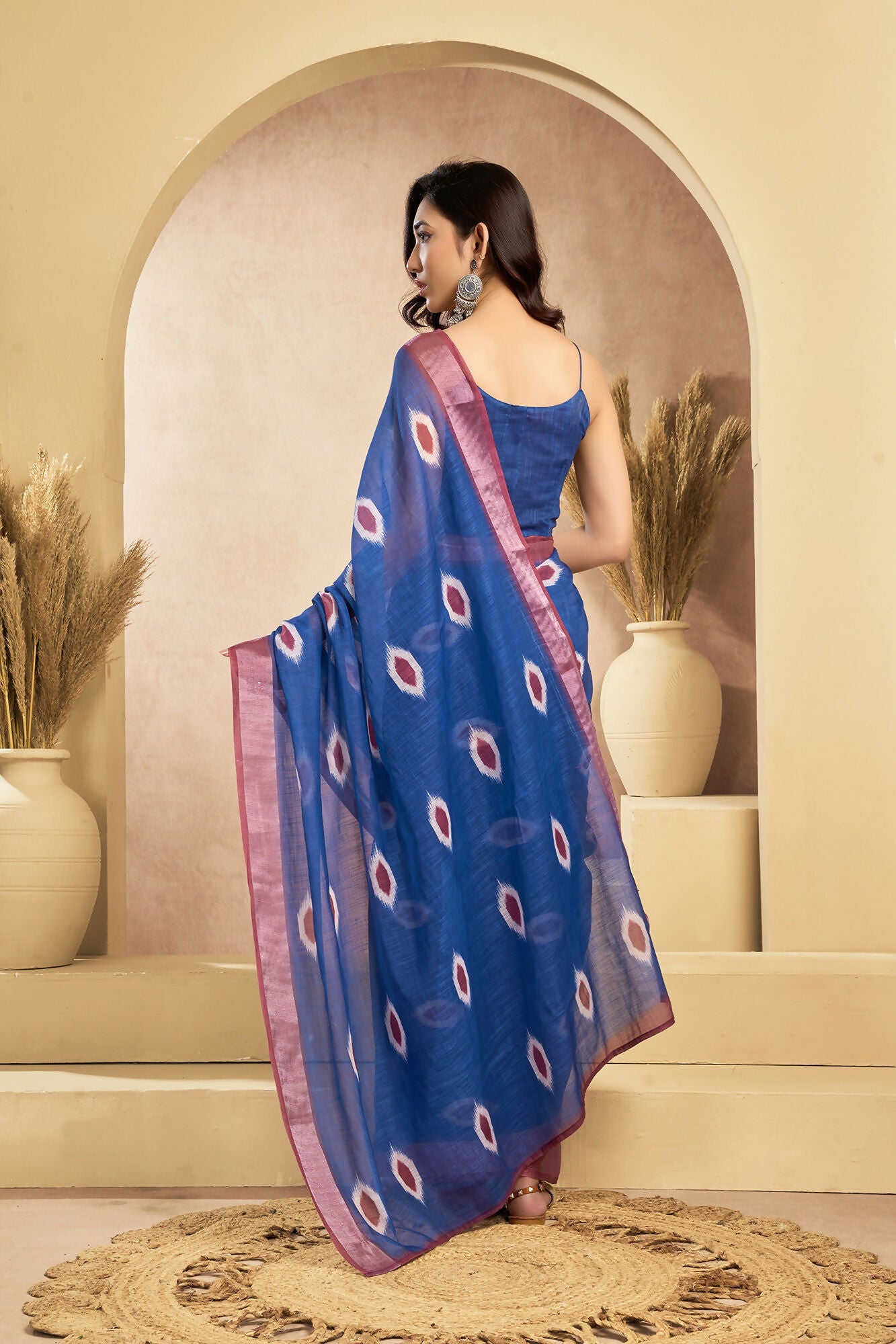 Vastranavya Blue Digital Printed Linen Ready To Wear Pocket Saree with Unstitched Blouse - Distacart