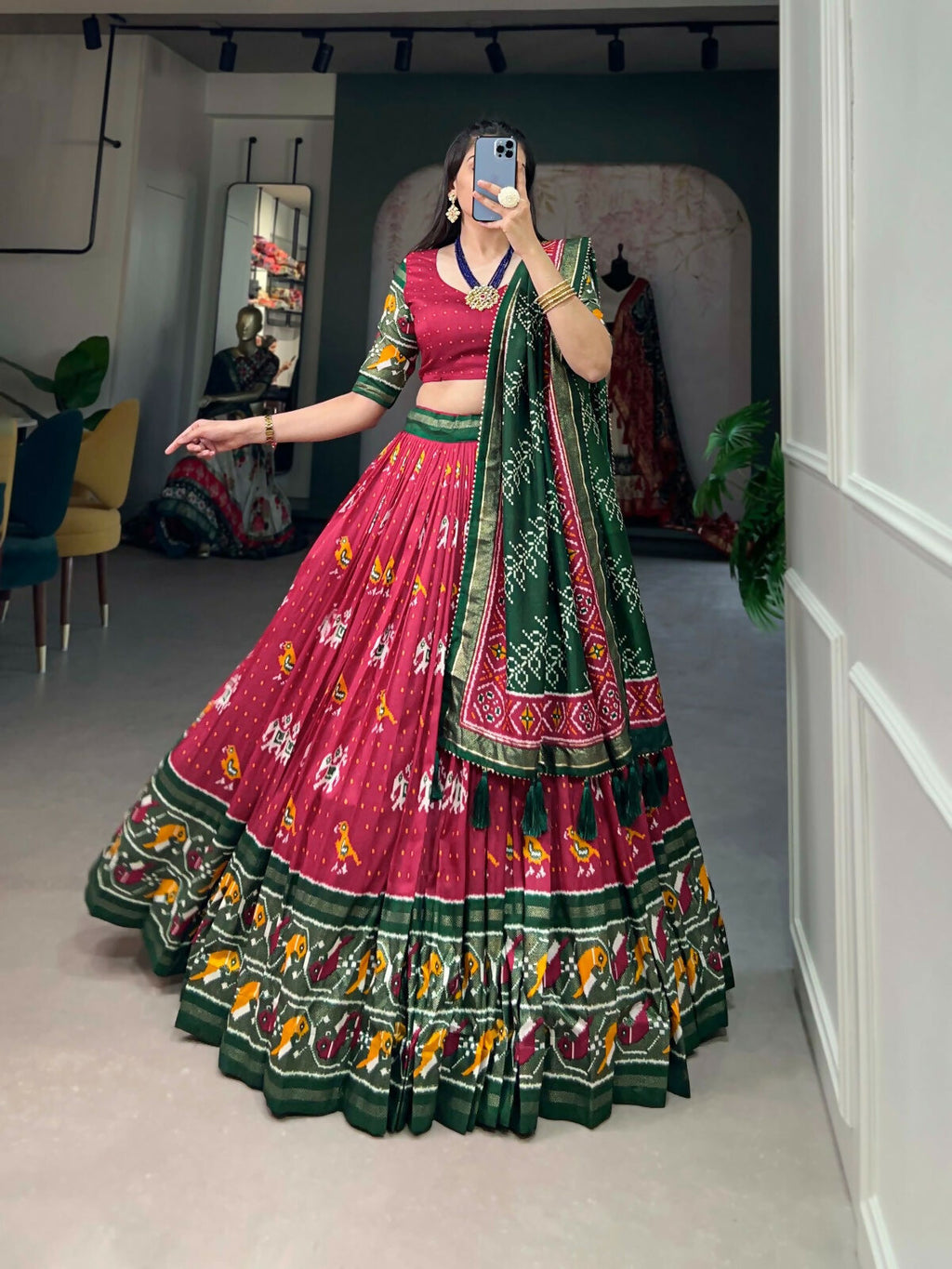 Vastranavya Traditional Ikkat Patola Print Tussar Silk Lehenga Choli - Red