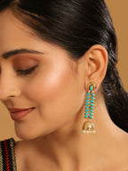 Nuyug 22K Gold Plated Pearl & Turquoise Stone Studded Contemporary Shaped Jhumkas - Distacart