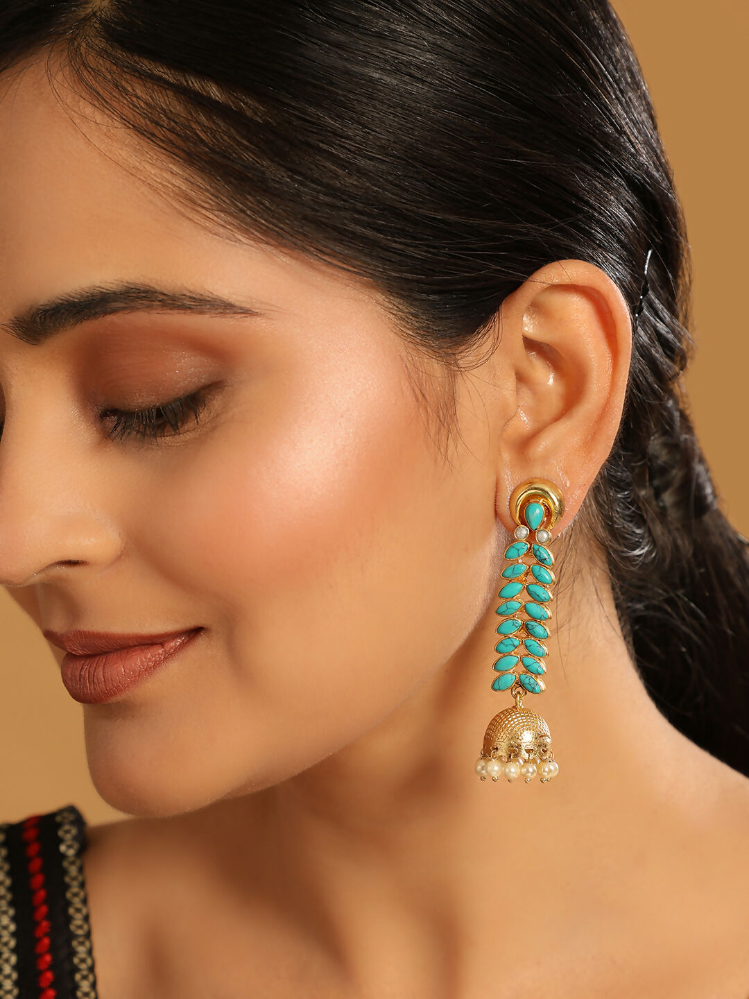 Nuyug 22K Gold Plated Pearl & Turquoise Stone Studded Contemporary Shaped Jhumkas - Distacart