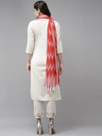 Yufta Women White Ethnic Motifs Printed Thread Work Kurta with Trouser & With Dupatta