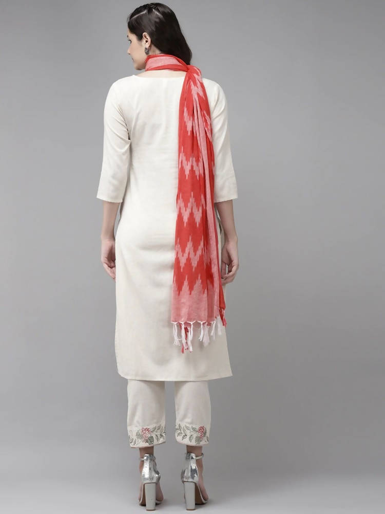 Yufta Women White Ethnic Motifs Printed Thread Work Kurta with Trouser & With Dupatta
