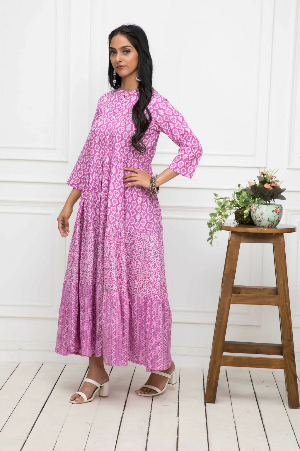 Myshka Women Pink Floral Cotton A-Line Mandarin Collar Long Dress - Distacart