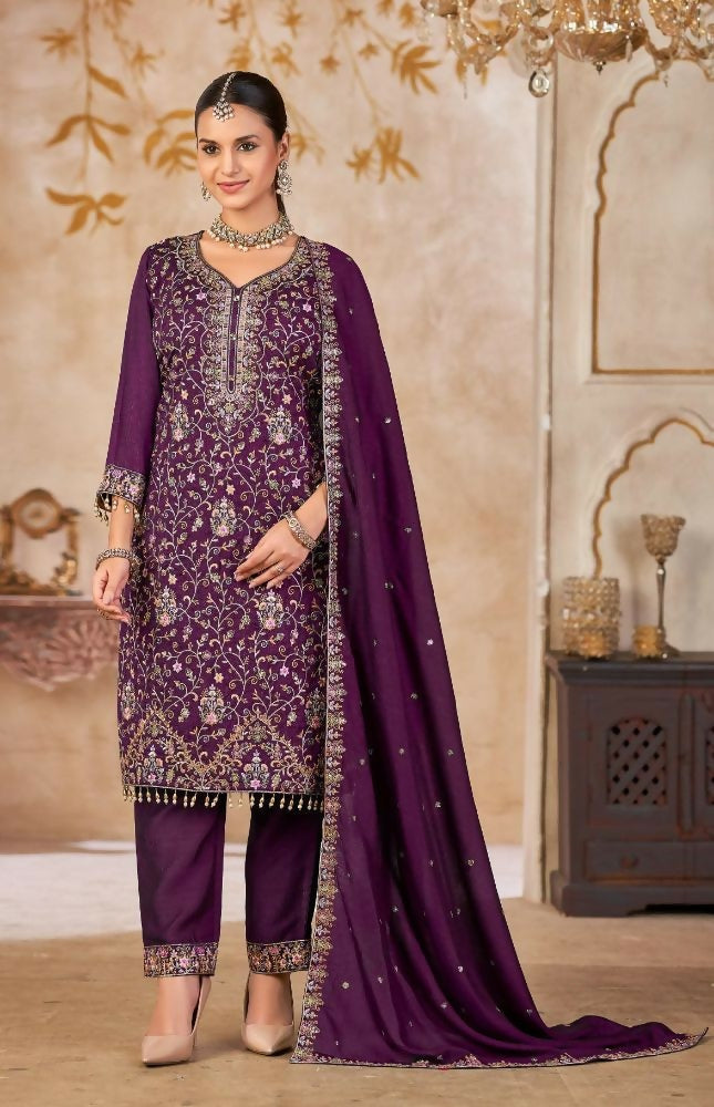 Anaita Purple Vichitra Silk Readymade Suit with Embroidery & Lace Work - Distacart