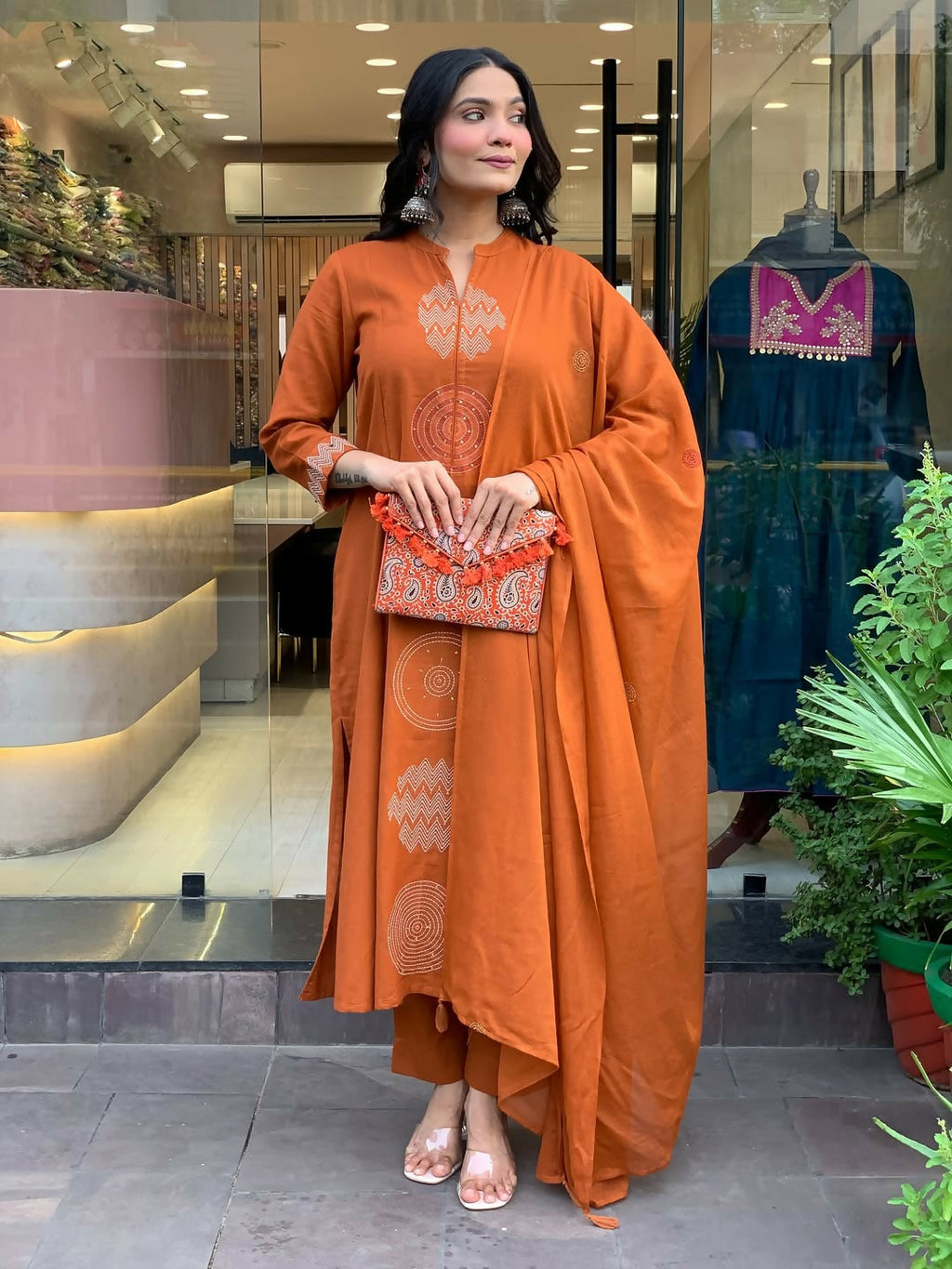 The52 Orange Women's Gorgeous Chanderi Fabric Embroidered Work Straight Kurta Pant and Dupatta Set - Distacart