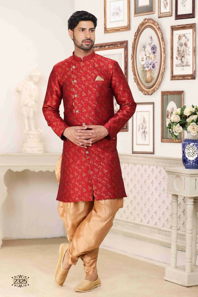 Raivat Ethnic Banarasi Jacquard Embroidery Semi Indo Western Sherwani In Maroon Colour