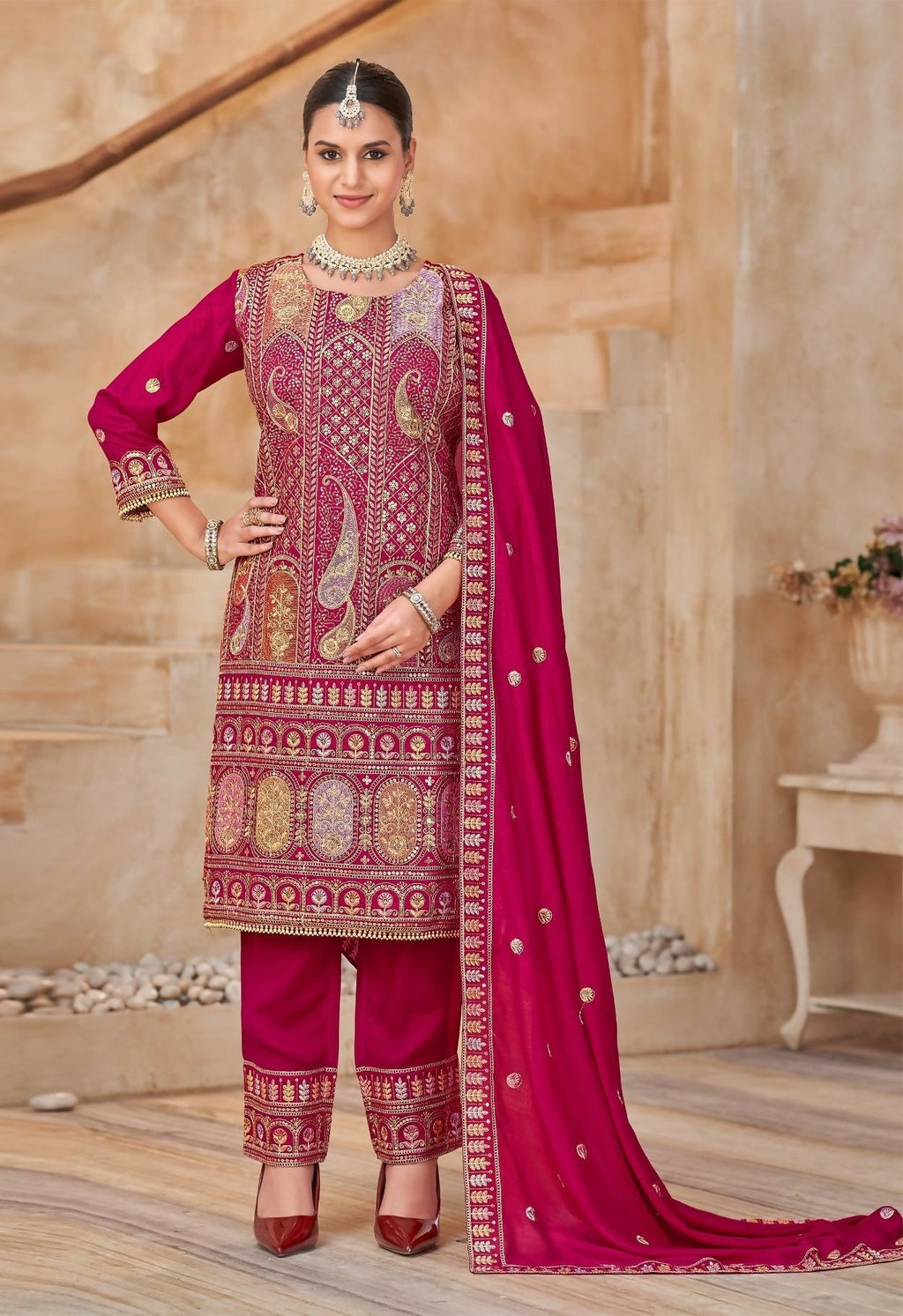 Anaita Rani Pink Vichitra Silk Readymade Suit with Embroidery & Lace Work - Distacart