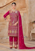 Anaita Rani Pink Vichitra Silk Readymade Suit with Embroidery & Lace Work - Distacart