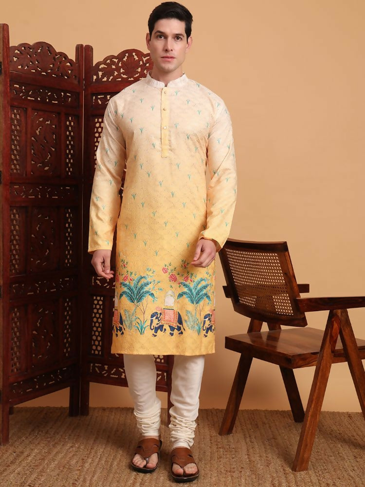 Yellow Cotton Printed Chikankari Embroidery Work Kurta - Mahotsav