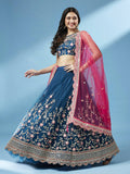 House of Panchhi Teal Net Semi stitched Coding and Mirror Work Lehenga Choli