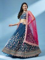 House of Panchhi Teal Net Semi stitched Coding and Mirror Work Lehenga Choli