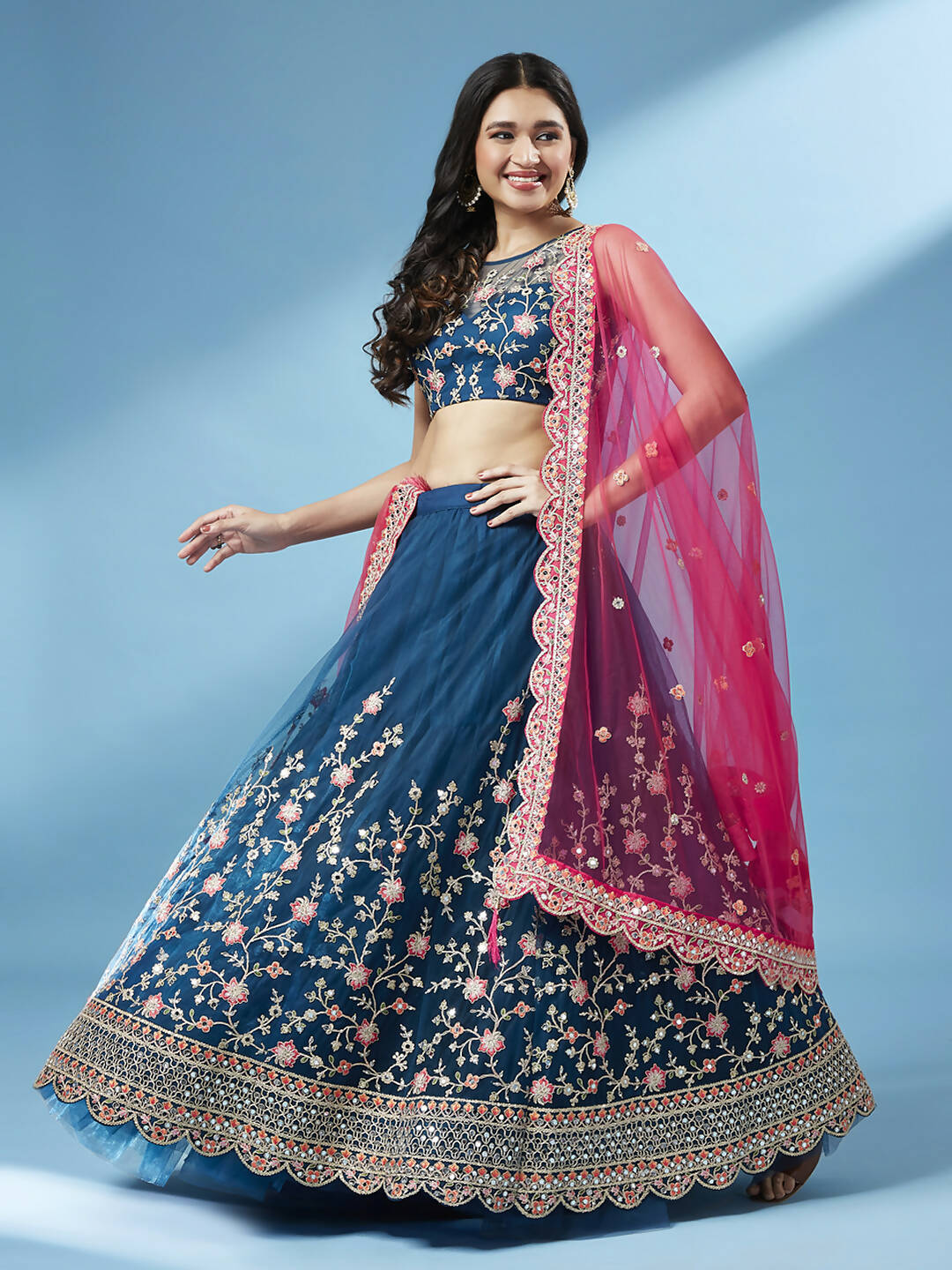 House of Panchhi Teal Net Semi stitched Coding and Mirror Work Lehenga Choli