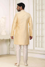 Raivat Ethnic Banarasi Jacquard Embroidery Semi Indo Western Sherwani In Yellow Colour