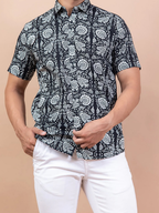 Miravan Men's Pure Cotton Black Floral Printed Half Sleeve Slim Fit Shirt