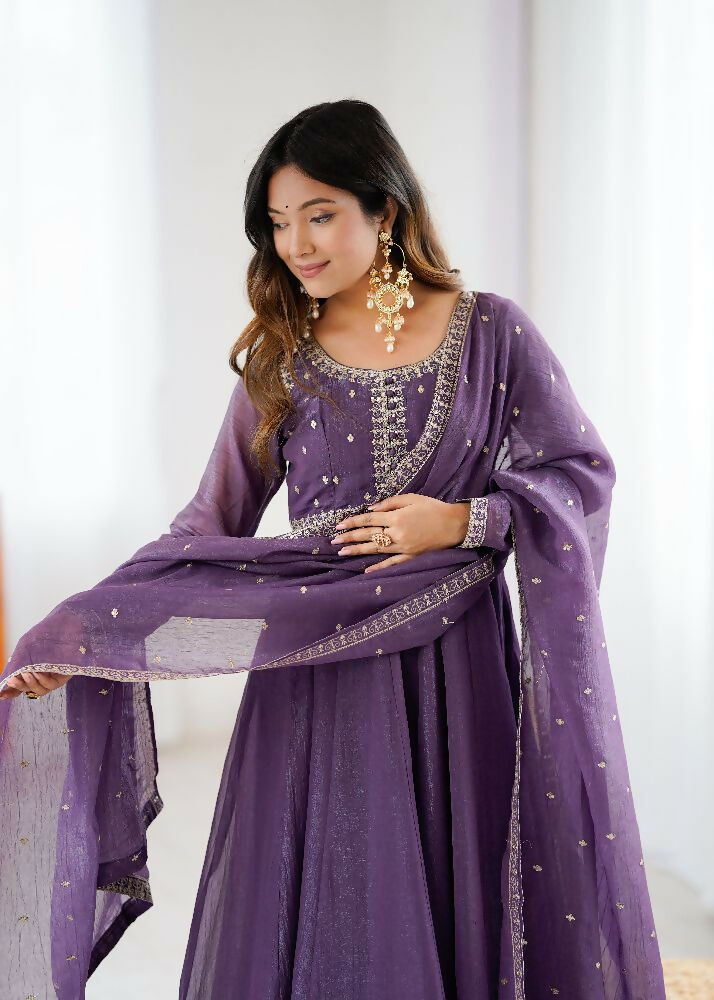 The52 Women's Beautiful Embroidery Work Crunchy Silk Fabric Flared Anarkali Pant and Dupatta Set - Distacart