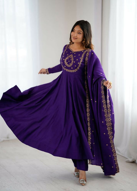The52 Women's Beautiful Embroidery Work Roman Chanderi Silk Fabric Flared Anarkali Pant and Dupatta Set