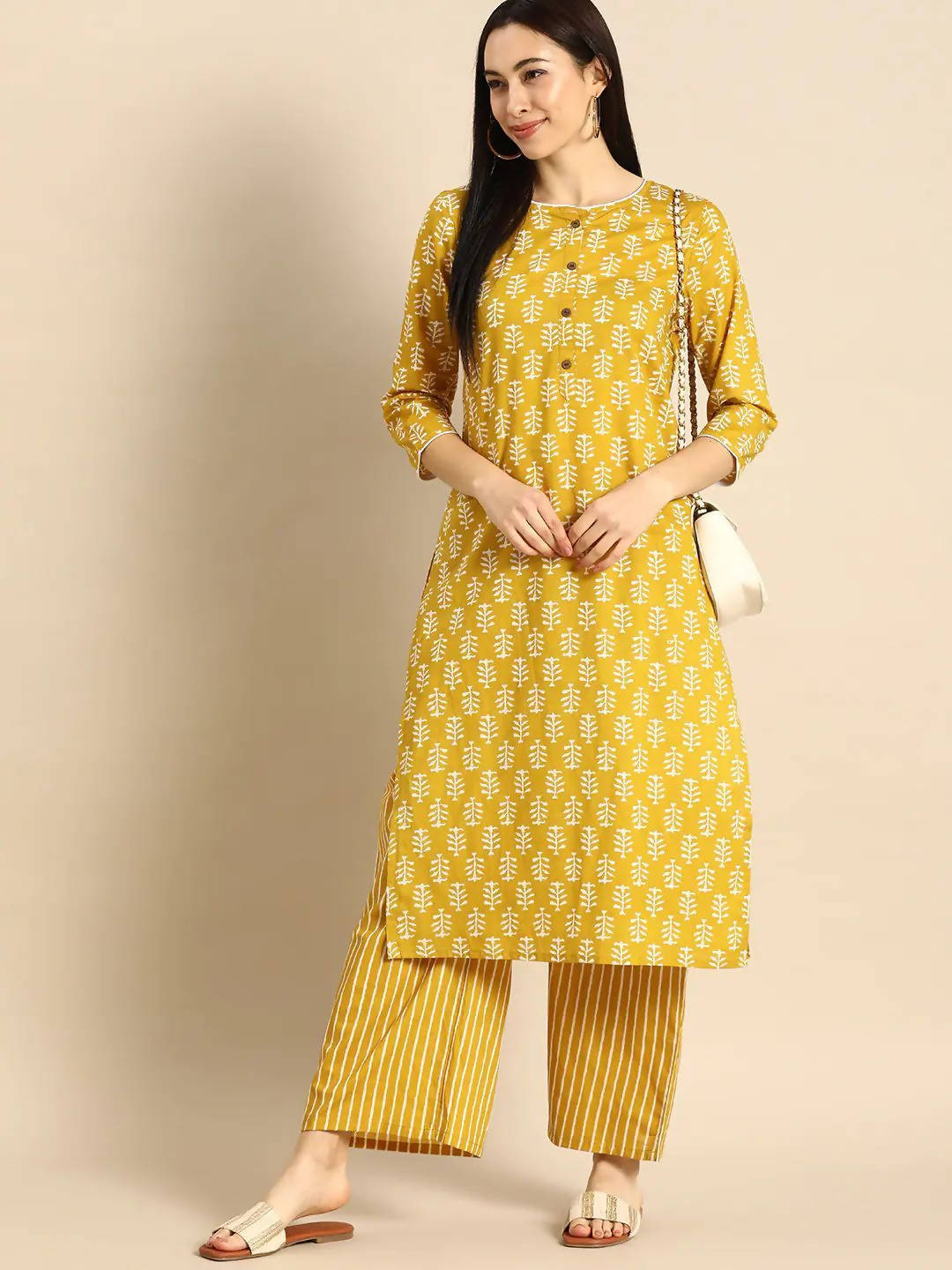Vamika Printed Cotton Yellow Party Wear/Casual Wear Kurta Set/Suit - Distacart