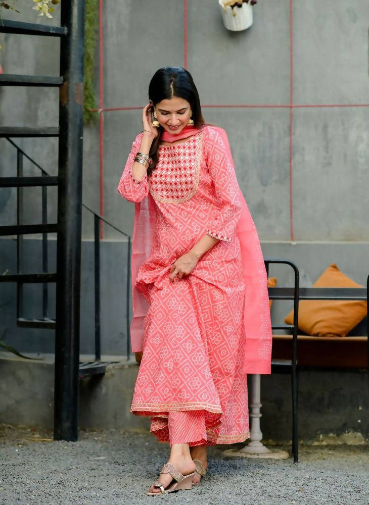 Yufta Women Pink Handblock Printed Kurta with Trouser & Dupatta