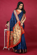 Jyoti Fashion Women's Navy Blue Paithani Silk Zari Woven Saree with Blouse